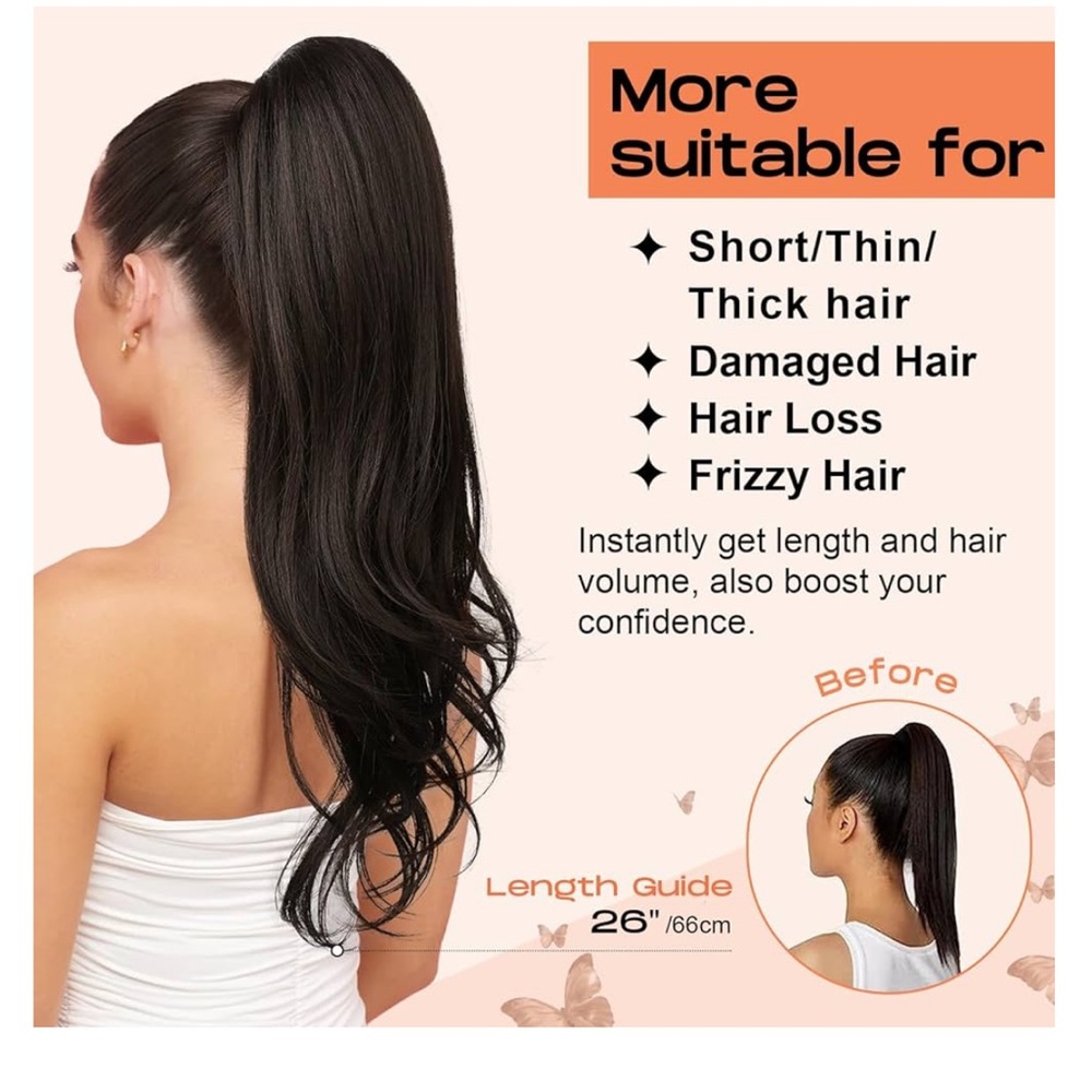 Women's 26" Full Black-Brown Wavy Hair Extension Ponytail, Synthetic